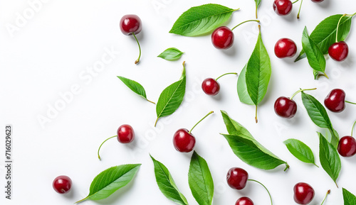 Cherry fruits with leaves creative pattern isolated on white background. summer background, Top view and flat lay. Cherry background. 