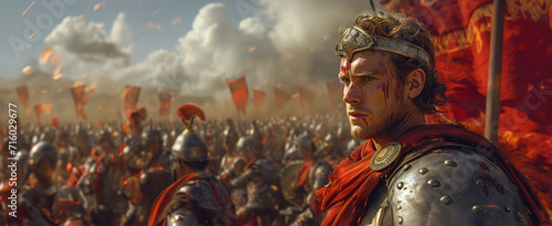 Alexander the Great in the midst of battle. His steely gaze radiates determination and fearlessness. Surrounded by an impressive phalanx of powerful soldiers. photo