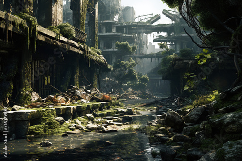 Post-apocalyptic war-torn scene with overgrown ruins
