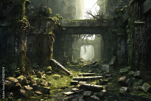 Post-apocalyptic war-torn scene with overgrown ruins