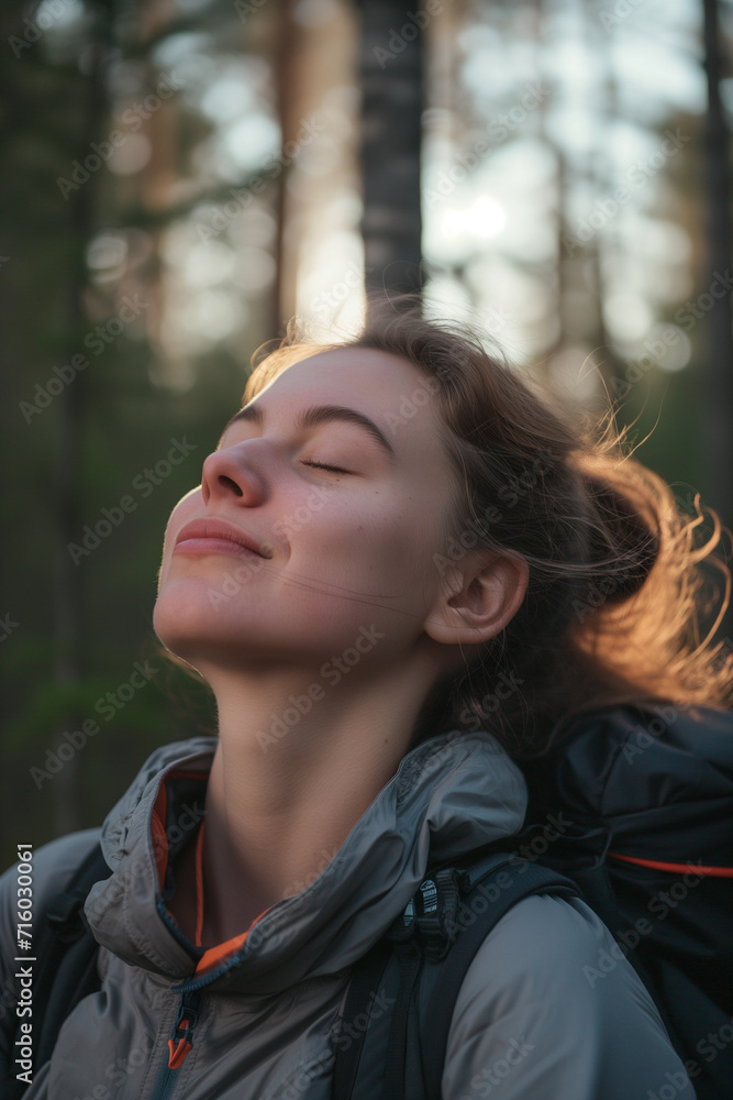 Young woman with eyes closed breathing fresh air while camping in woods Young woman with eyes closed breathing fresh air while camping in woods