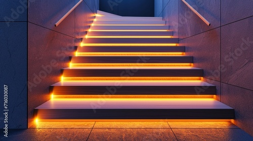 A contemporary home's wooden staircase with LED strips under each step, creating a safe, illuminated path in a stylish setting. 8k