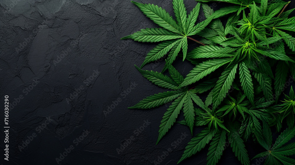 Green leaves of technical hemp lie on a black modern background. Green background of leaves. Close-up young hemp. Green cannabis leaves, marijuana leaves. Medicinal indica with CBD. - obrazy, fototapety, plakaty 