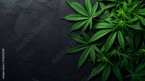Green leaves of technical hemp lie on a black modern background. Green background of leaves. Close-up young hemp. Green cannabis leaves, marijuana leaves. Medicinal indica with CBD. photo