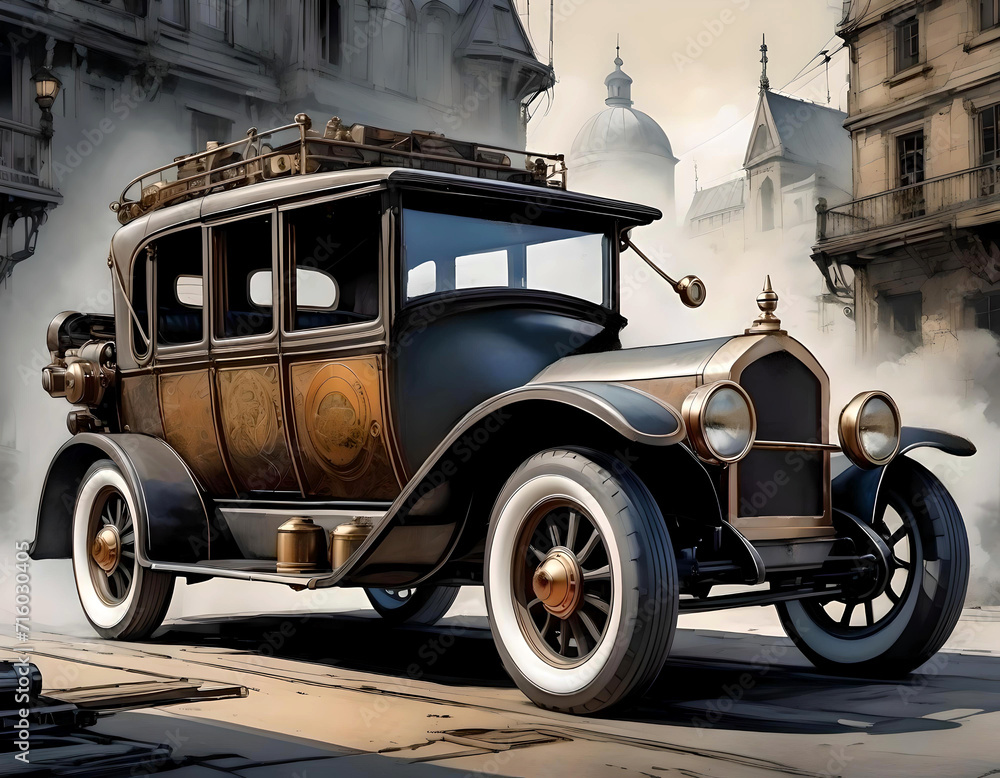 vintage steampunk fantasy car.generative ai