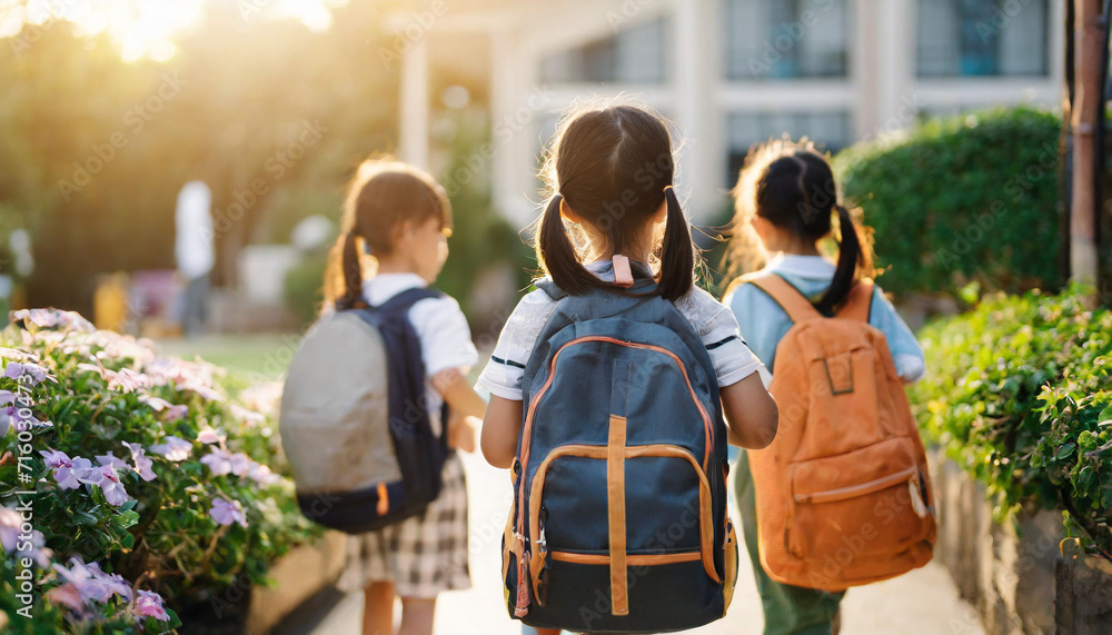Symbolic image of young children walking towards education, backpacks on their backs, bathed in sunlight, representing the journey of early learning and the bright path ahead - obrazy, fototapety, plakaty 