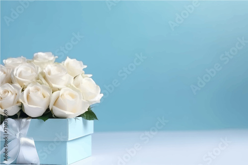 bouquet of white roses on a light blue background with a gift for Valentine's Day and with a place for text, a picture for Valentine's Day, generative AI