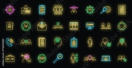 Headhunter staff icons set. Outline set of headhunter staff vector icons neon color on black