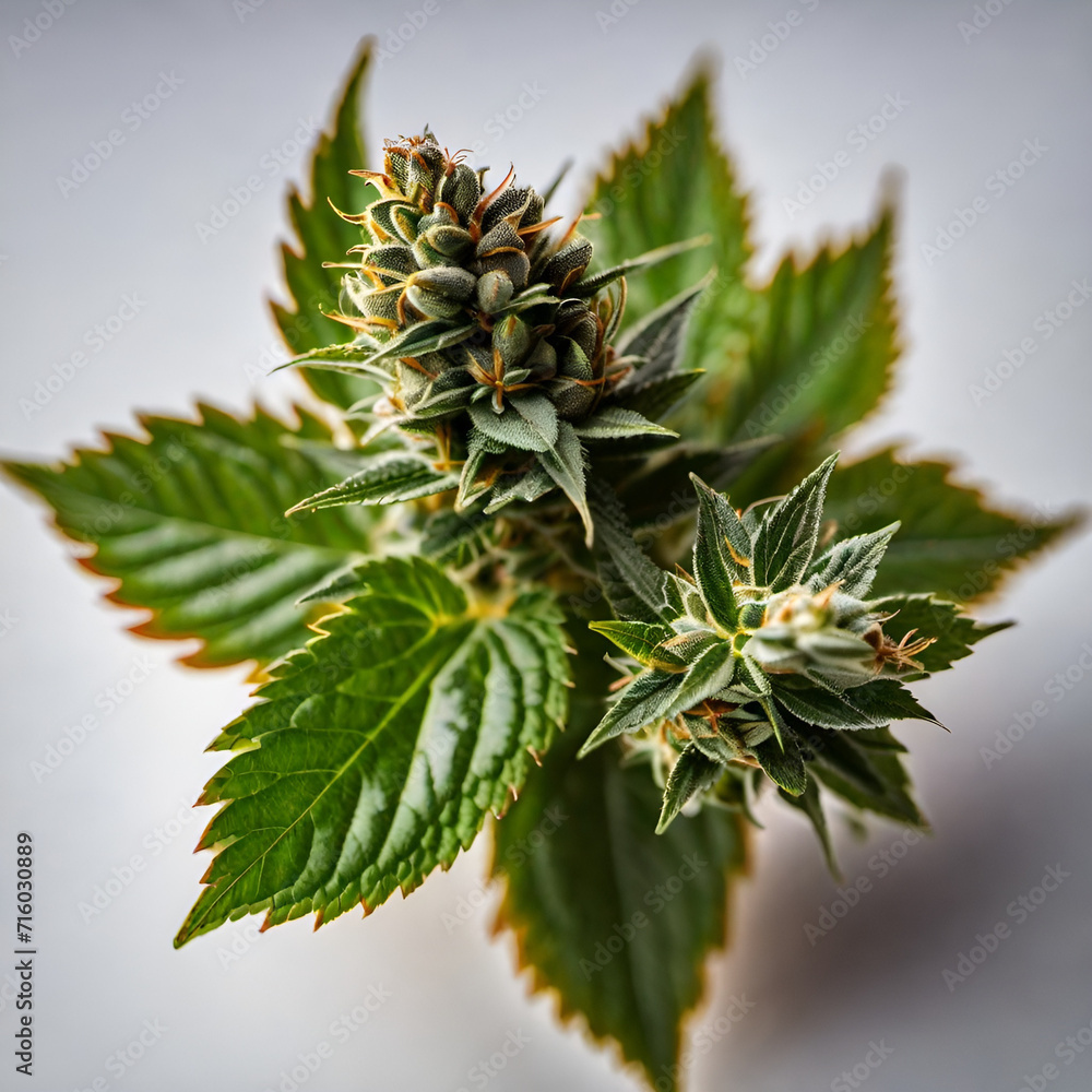 Macro image of marijuana bud isolated on white background showing cola bract trichomes stem leaves and pistol