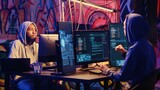 Hackers devising plan together, coding malware designed to exploit network backdoors, bypassing security measures such as logins and password protections in graffiti painted bunker