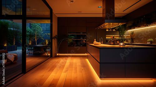 Uma cozinha elegante e moderna    iluminada por uma luz ambiente quente criando uma sensa    o aconchegante e futurista