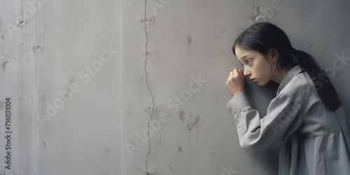 Young person leans against the wall, their gaze downward, silently expressing the struggles within, looking at you with pain in eyes, looking for help. Suicide committment problem. AI Generative. photo