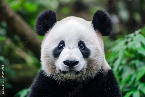 Close-up portrait of a giant panda with a lush green background.