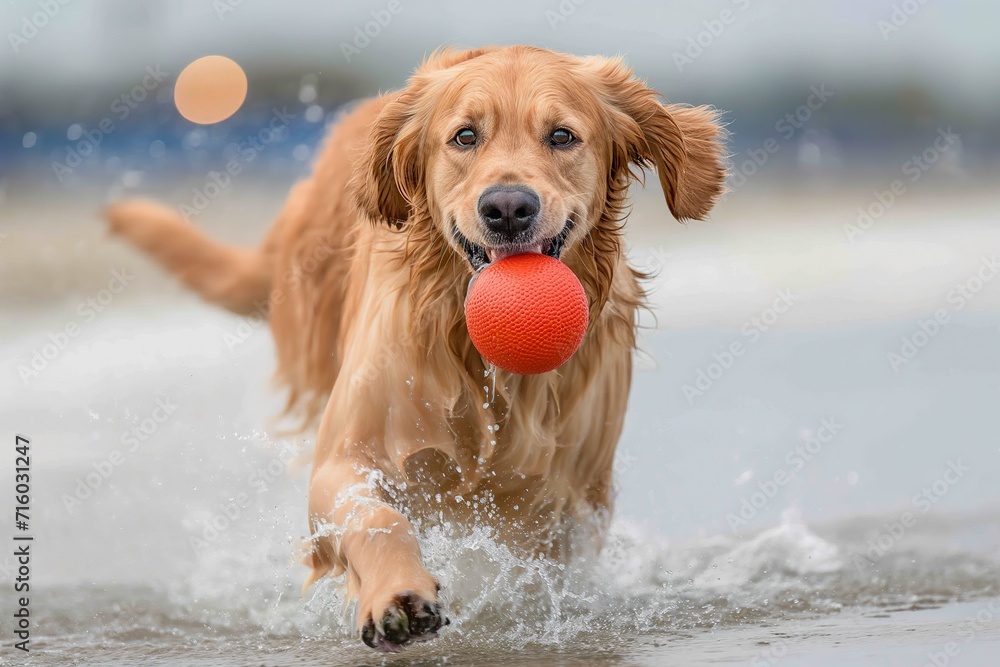 A young golden retriever dog has fun chasing a ball in the waves of a beach.