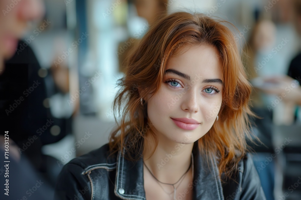 Portrait of a beautiful young woman, with serene eyes and perfect hair, inside a store with the background out of focus.