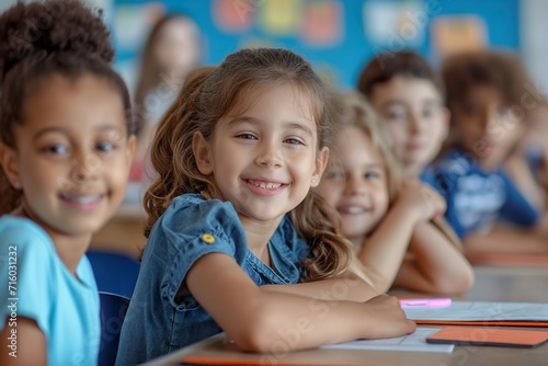 A 6-year-old girl poses smiling at her classroom desk, along with the rest of her classmates, at a children's school.