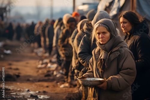 People waiting in lines for food in refugee camp photo