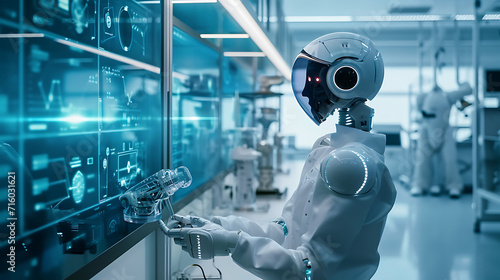 Um laboratório elegante e moderno é preenchido com o suave brilho da tecnologia futurista Robôs avançados se movem graciosamente suas formas metálicas refletindo as luzes azuis frescas do