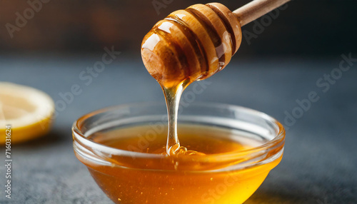 Golden honey drips from a dipper, symbolizing health and sweetness, a tempting visual of natural goodness