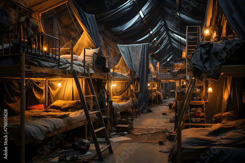Huge empty refugee camp barrack filled with bunk beds photo