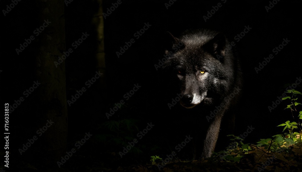 Dangerous black wolf lurking in the dark shadows in forest