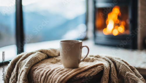mug of steaming tea perched on a chair draped with a woolen blanket in a cozy living room with a fireplace, creating a comforting ambiance © Your Hand Please