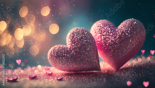  pink hearts on a sparkling abstract background symbolize love and romance, creating a captivating visual for Valentine's Day concepts