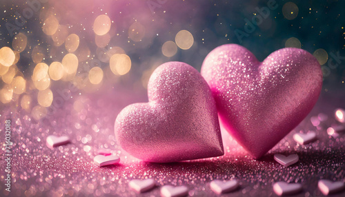  pink hearts on a sparkling abstract background symbolize love and romance, creating a captivating visual for Valentine's Day concepts