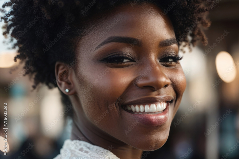 African American woman with a beautiful smile and perfect white teeth. Closeup portrait. African American woman with a beautiful smile and perfect white teeth. Closeup portrait.