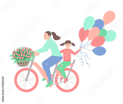 Mother and daughter cycling at springtime in flat cartoon design. Happy mom riding bike with spring basket with tulips bouquet, child holding colourful flying balloons. Vector illustration isolated