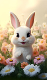 Happy bunny surrounded by flowers , Easter holiday