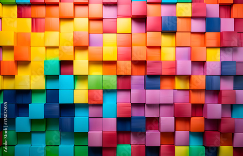 Wall of colored wooden cubes, wide banner