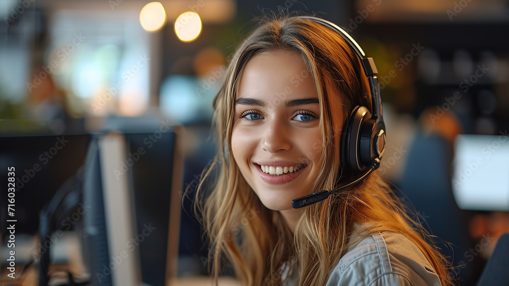 A genuine portrayal of a female call center worker delivering excellent service with a warm smile while answering calls. Generative AI A genuine portrayal of a female call center worker delivering excellent service with a warm smile while answering calls. Generative AI