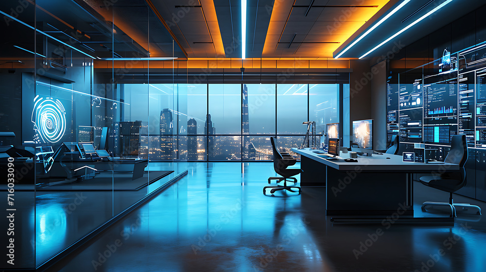 Um espaço de escritório elegante e moderno apresenta tecnologia de ponta integrada de forma perfeita ao ambiente