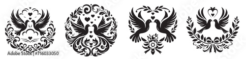 doves vector image set of wedding decorative pigeon birds, black and white vector graphics