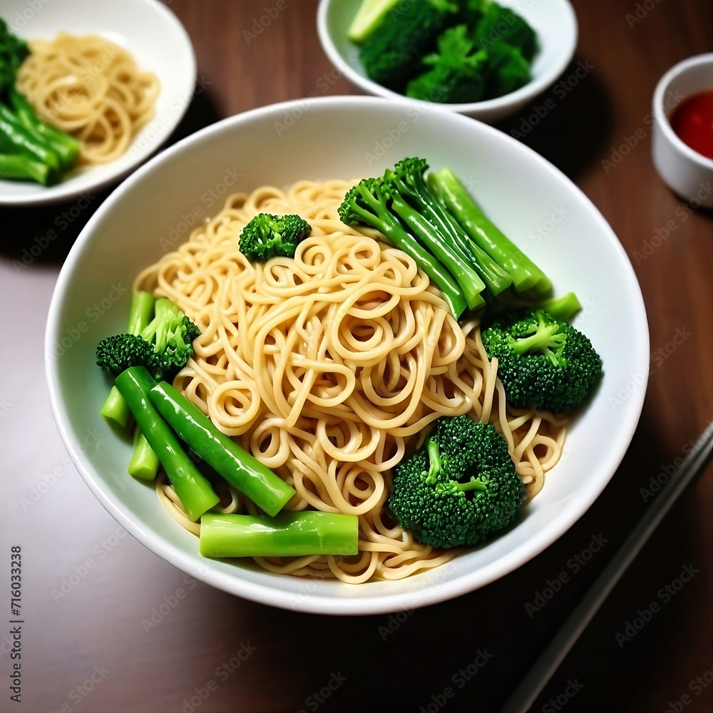 A bowl of delicious hot noodles with few green vegetables. Spaghetti with vegetables. Generative AI A bowl of delicious hot noodles with few green vegetables. Spaghetti with vegetables. Generative AI