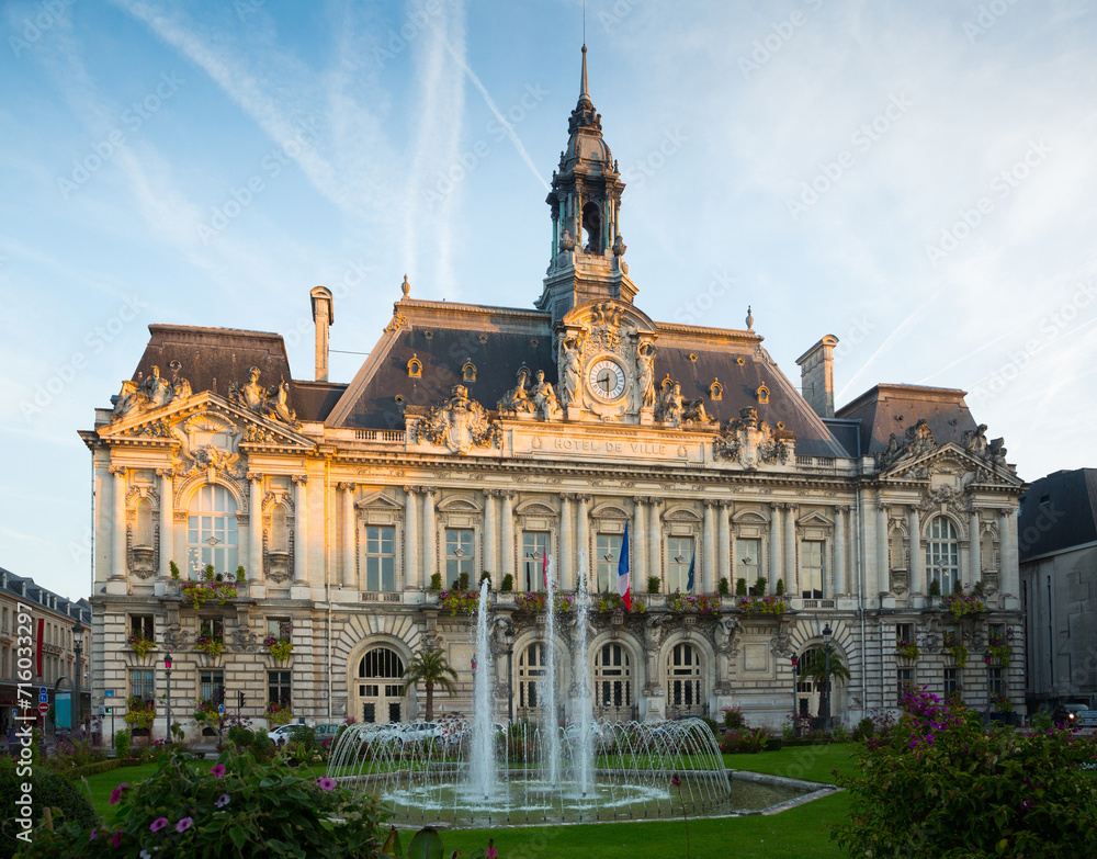 View of City Hall and fountain at Jean Jaures square in morning time,Tours, France..