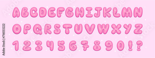 3D Pink Bubble alphabet font. Typeface Design. Trendy font with glossy plastic effect and retro y2k style. Set with Alphabet and  Numbers.