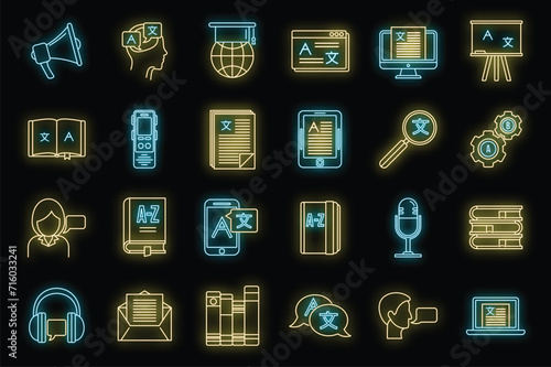 Linguist speak icons set. Outline set of linguist speak vector icons neon color on black