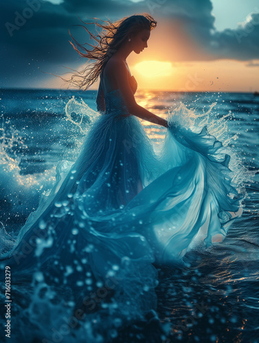 Woman Standing in Ocean Wearing a Dress that Forms from the Ocean Waves Concept