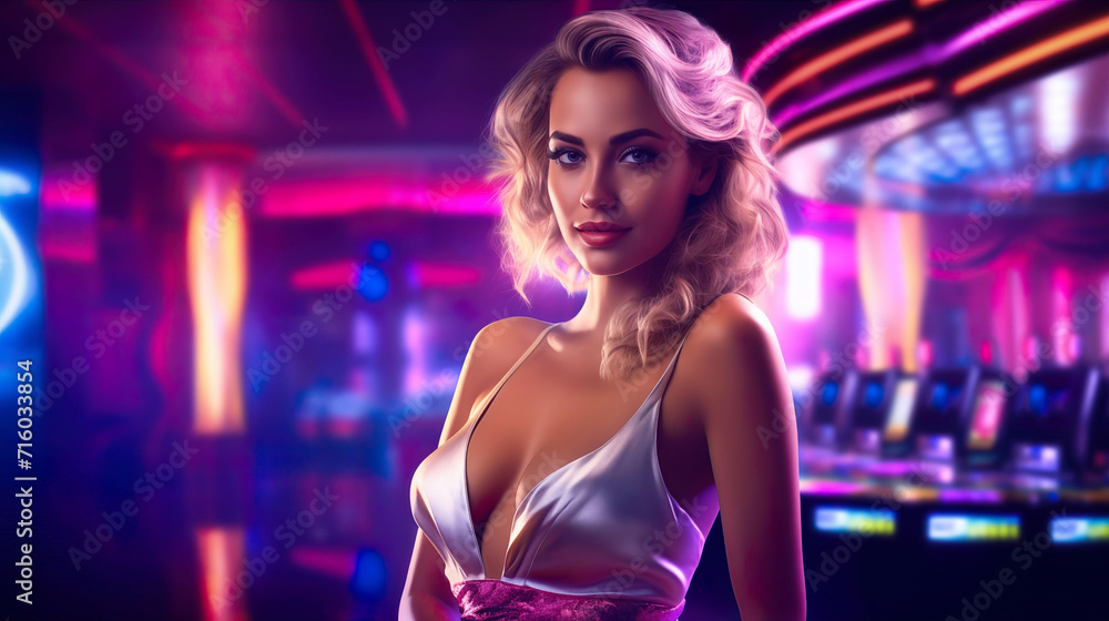 Beautiful woman in a casino, in elegant clothes, in a casino gambling hall with neon glow, Woman in neon style Beautiful woman in a casino, in elegant clothes, in a casino gambling hall with neon glow, Woman in neon style