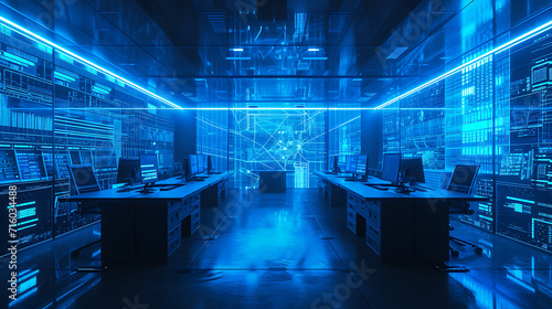 Um elegante laboratório de computação futurista é banhado em uma luz azul fresca criando uma atmosfera tecnológica e de ponta photo