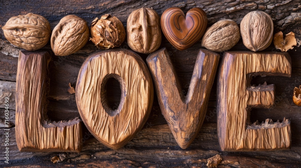 Wooden Walnut Love concept creative horizontal art poster. Photorealistic textured word Love on artistic background. Horizontal Illustration. Ai Generated Romance and Passion Symbol. Wooden Walnut Love concept creative horizontal art poster. Photorealistic textured word Love on artistic background. Horizontal Illustration. Ai Generated Romance and Passion Symbol.