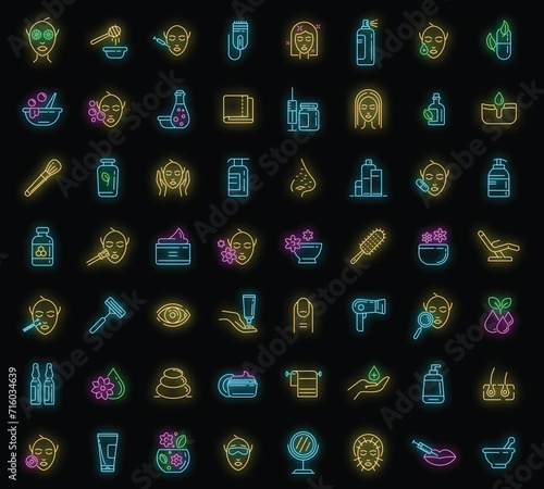 Beautician icons set. Outline set of beautician vector icons neon color on black