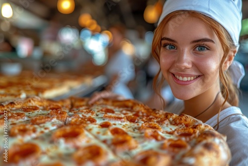 a pizza chef young tall brunette making pizza, celebrating National Pizza Day, A cheerful and friendly young woman, her casual yet professional attire suggesting a hands-on approach to creating pizza