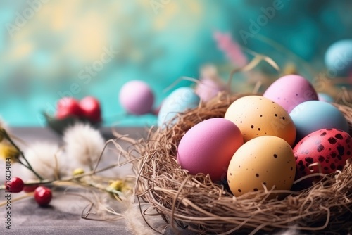 Happy Easter day decoration colorful eggs in nest on paper background with copy space - generative ai