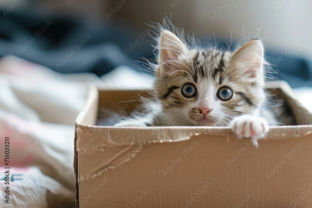 cute small kitten playing in the paper box, The cozy scene captures the kitten's playful nature, as it finds comfort and fun in the simple joy of a cardboard hideaway..