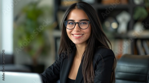 Latina Businesswoman with Glasses in Modern Office