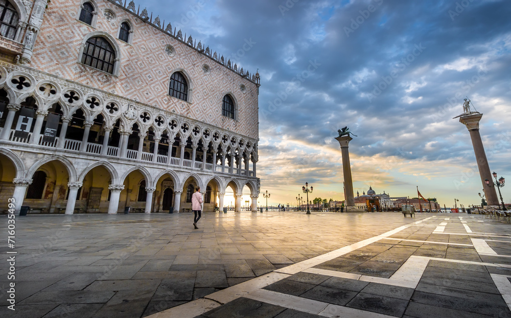 Early Morning Dawn in Piazza San Marco with Palazzo Ducale in Venice, Italy