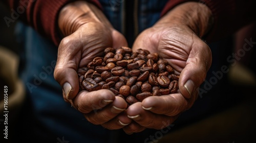 Hands holding coffee beans. Generative AI.